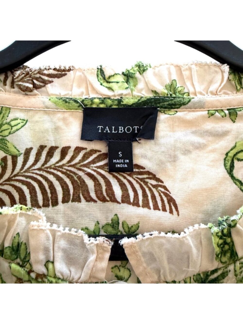 Talbots Lace Trim Pintuck Top S Woman Branching Floral Green Beige Leaves Floral - Picture 4 of 10
